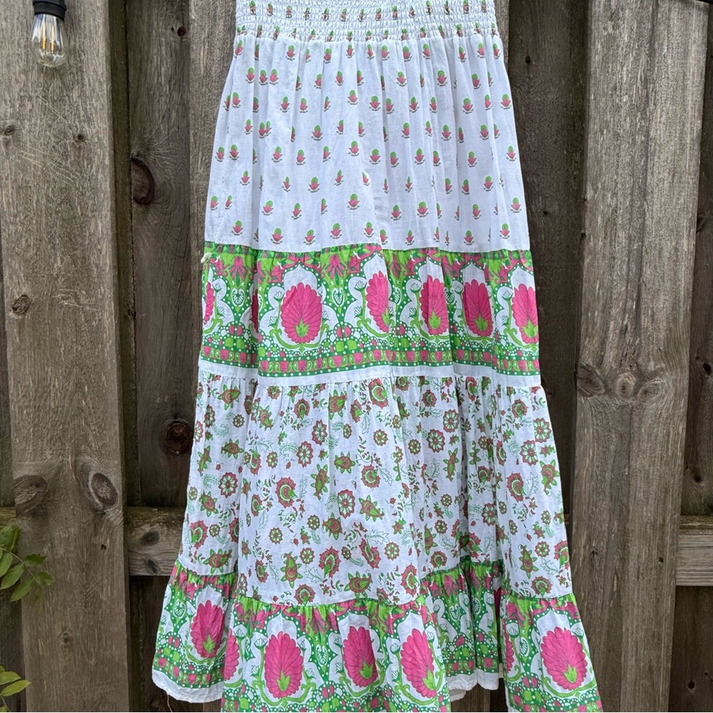 Vintage Uniti Casuals Cotton Boho Maxi Skirt White Pink Green Floral India XL